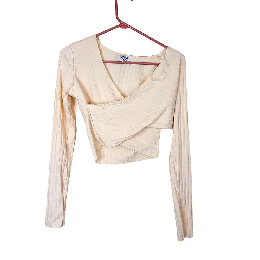 Princess Polly Light Cream Size 8 Deep V Cut Wrap Long Sleeve Crop Top Fesival